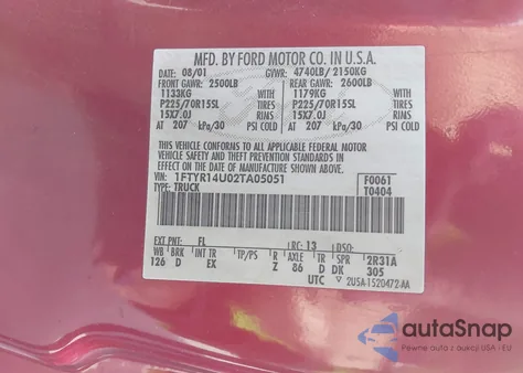 2002 Ford Ranger Edge/Tremor/Xl/Xlt from USA, damaged, VIN 1FTYR14U02TA05051